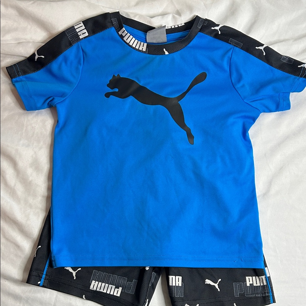 Puma Kids' Blue and Black Logo T-Shirt and Shorts Set